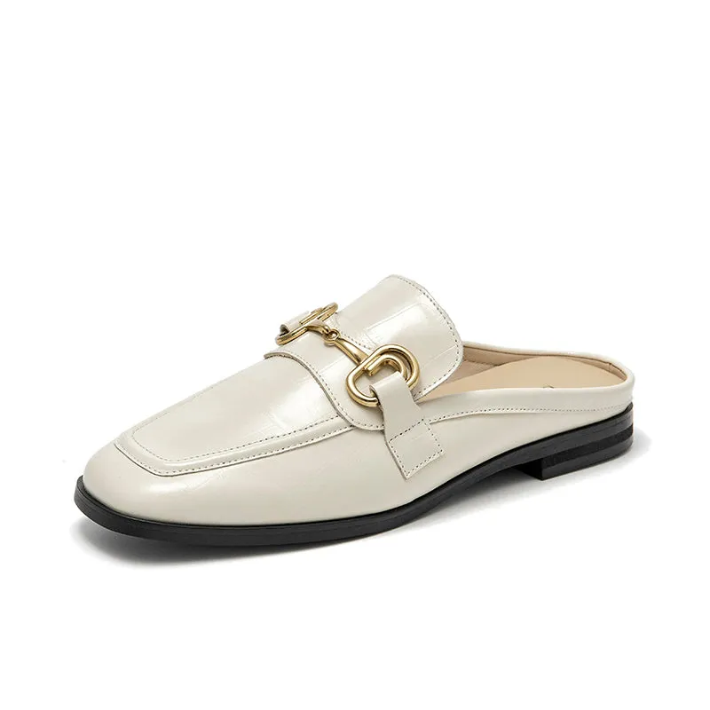 BeauToday Women's Genuine Cow Leather Loafer Flats with Horsebit in Beige