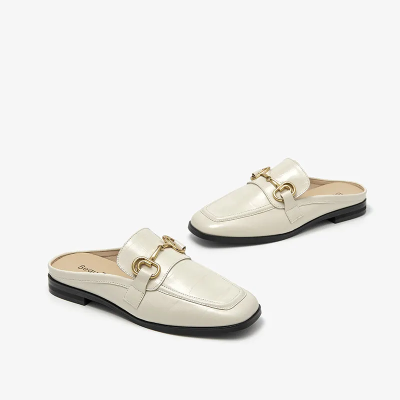 BeauToday Women's Genuine Cow Leather Loafer Flats with Horsebit in Beige
