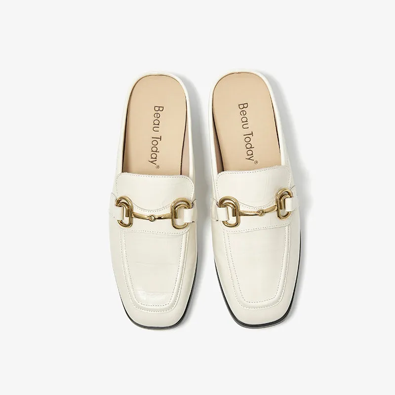 BeauToday Women's Genuine Cow Leather Loafer Flats with Horsebit in Beige