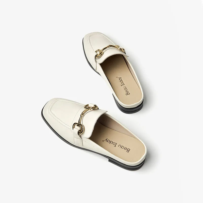 BeauToday Women's Genuine Cow Leather Loafer Flats with Horsebit in Beige