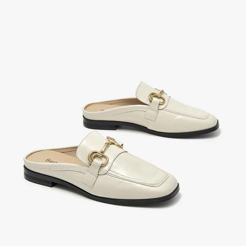BeauToday Women's Genuine Cow Leather Loafer Flats with Horsebit in Beige
