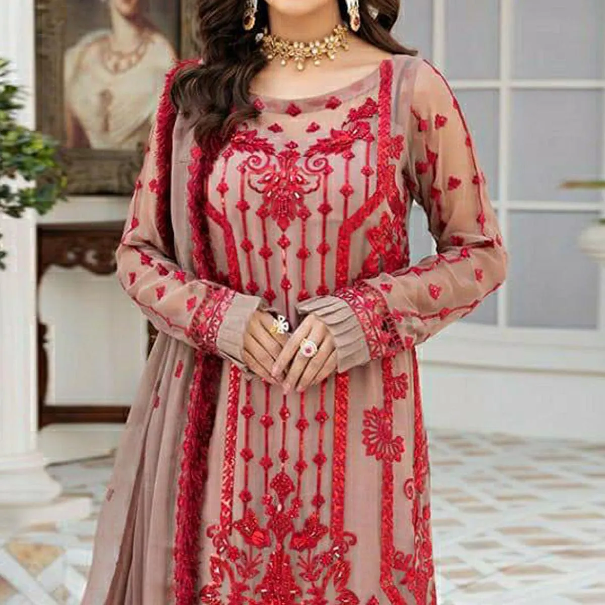 Beige Embroidered Georgette Pakistani Suit