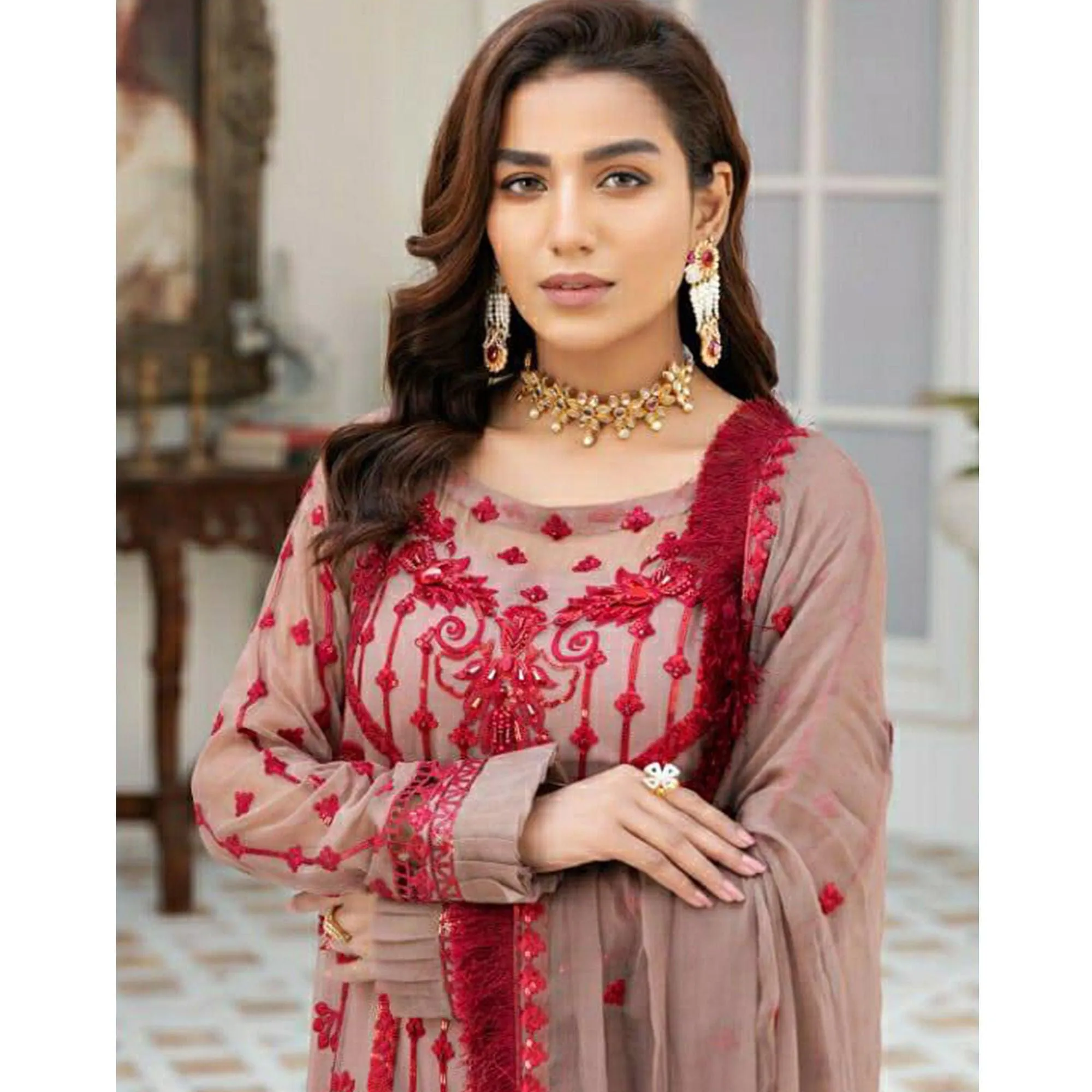 Beige Embroidered Georgette Pakistani Suit