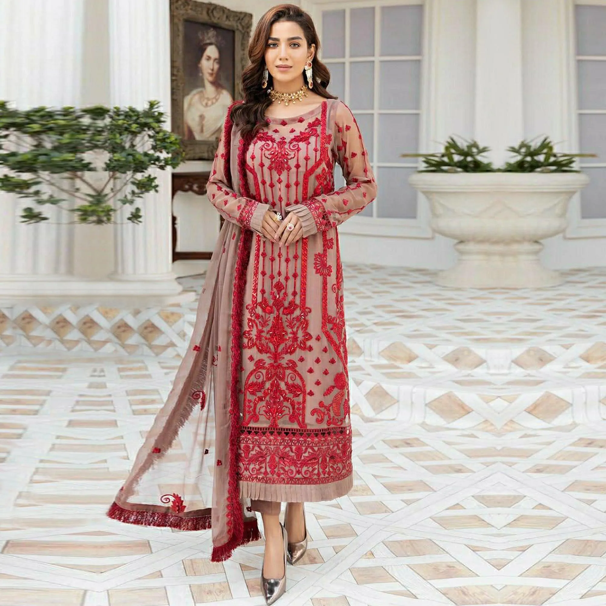 Beige Embroidered Georgette Pakistani Suit