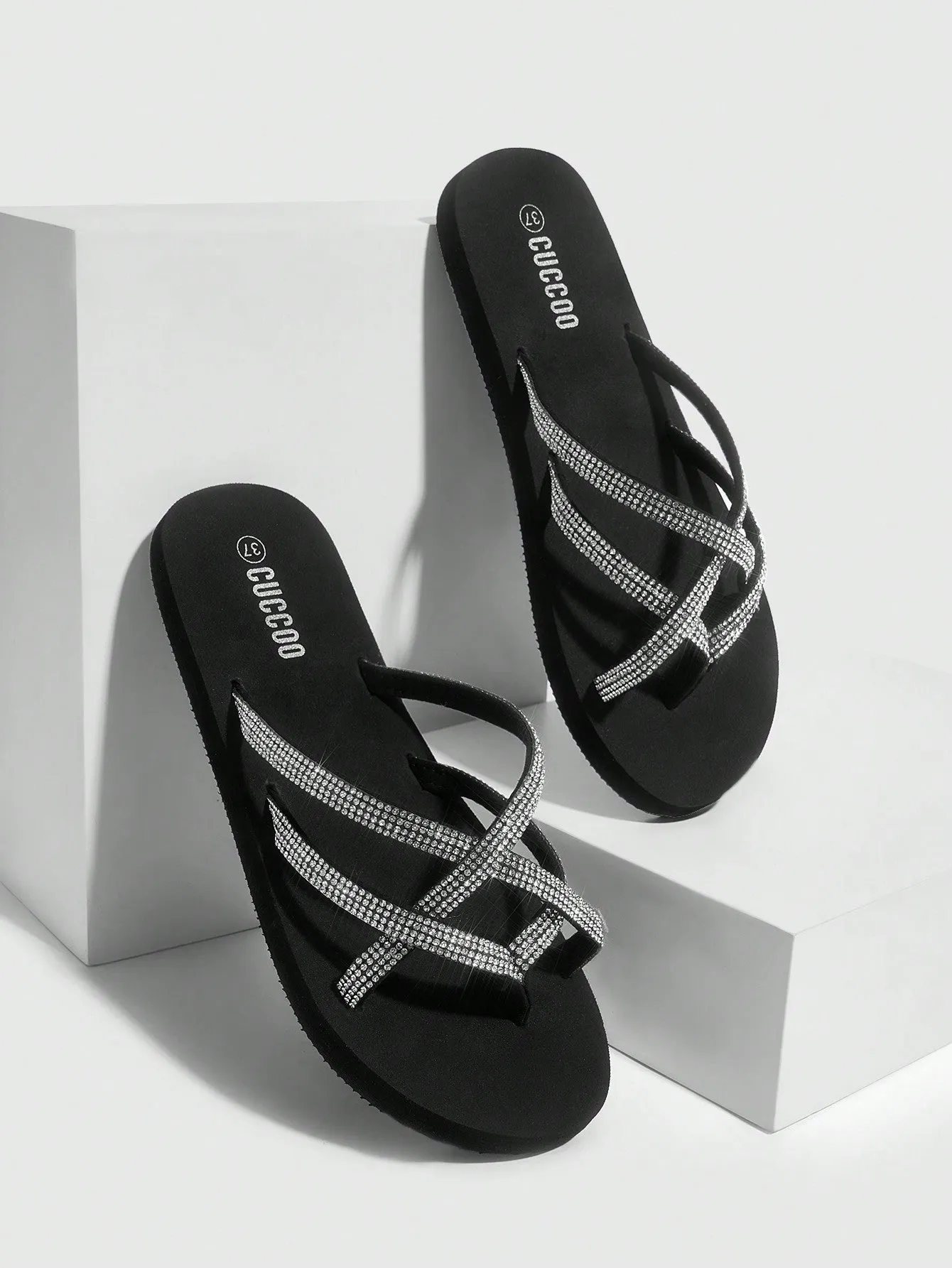 Black Rhinestone Decorated Slippers- FD ⚡