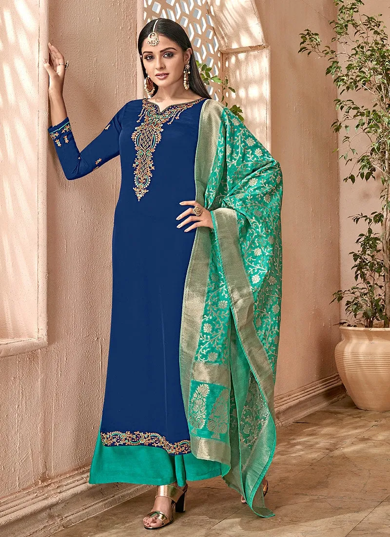 Blue And Turquoise Combination Embroidered Palazzo Suit
