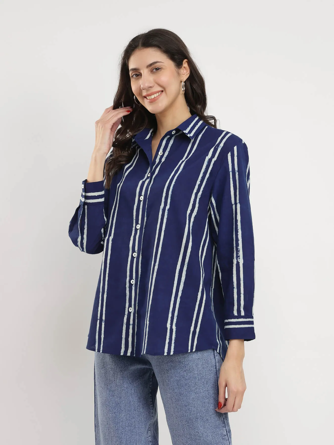 Cotton Dabu Striped Shirt - Indigo
