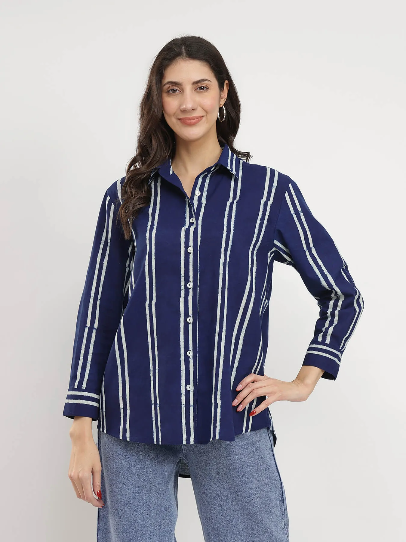 Cotton Dabu Striped Shirt - Indigo