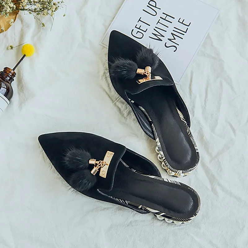 Fur Tassel Suede Mules - Black 36/US 6