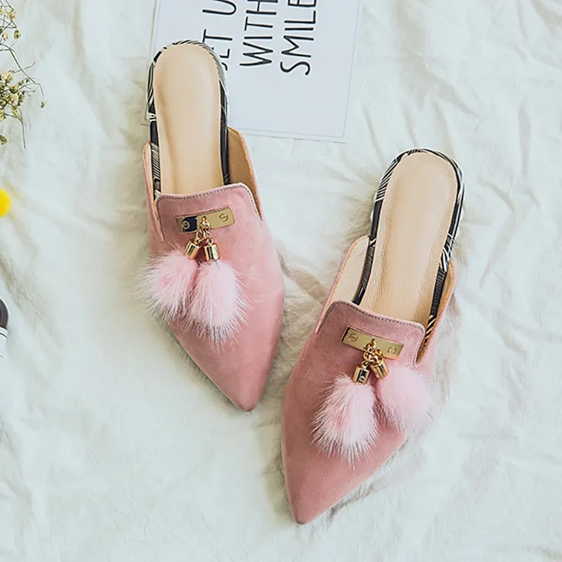 Fur Tassel Suede Mules - Black 36/US 6