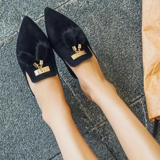 Fur Tassel Suede Mules - Black 36/US 6