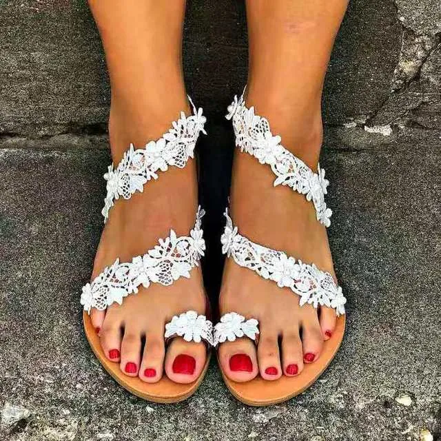 Hot Sale Lace Roman Sandals for Women – Sexy White Slip-on Flat Shoes, Plus Size Sandalias Zapatillas De Mujer