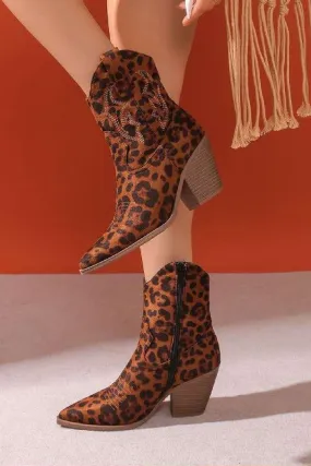 LEOPARD EMBROIDERY DETAIL ANKLE HIGH WESTERN COWBOY BOOTS