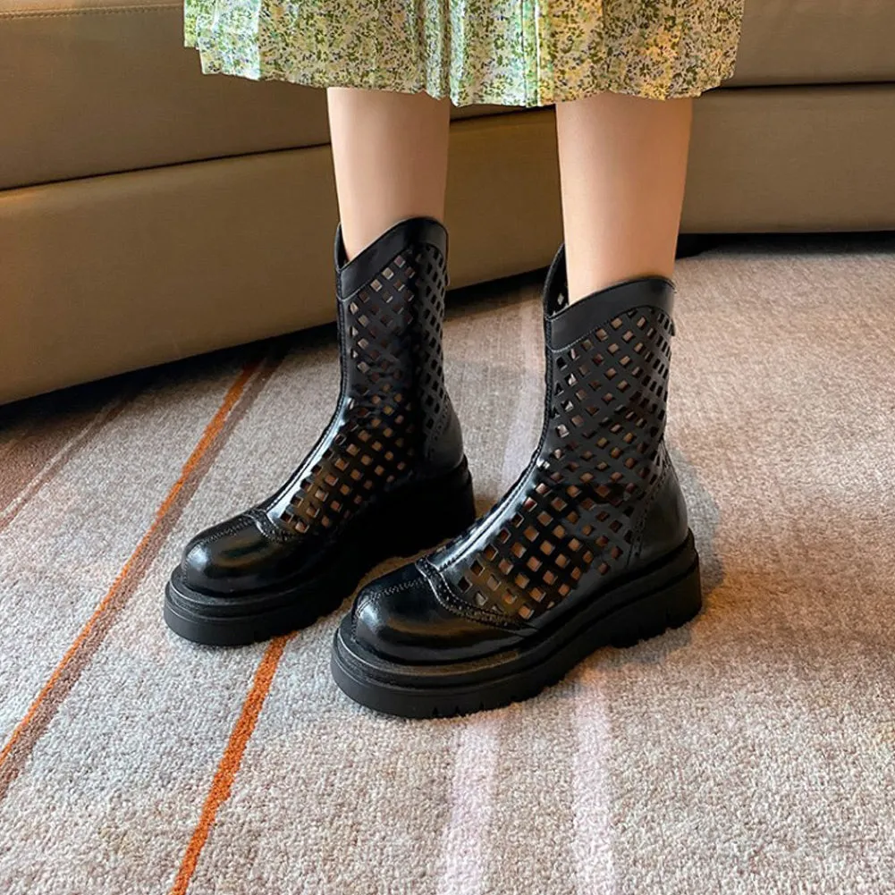 ROUND TOE CHUNKY HEEL MID CALF BOOTS for WOMEN