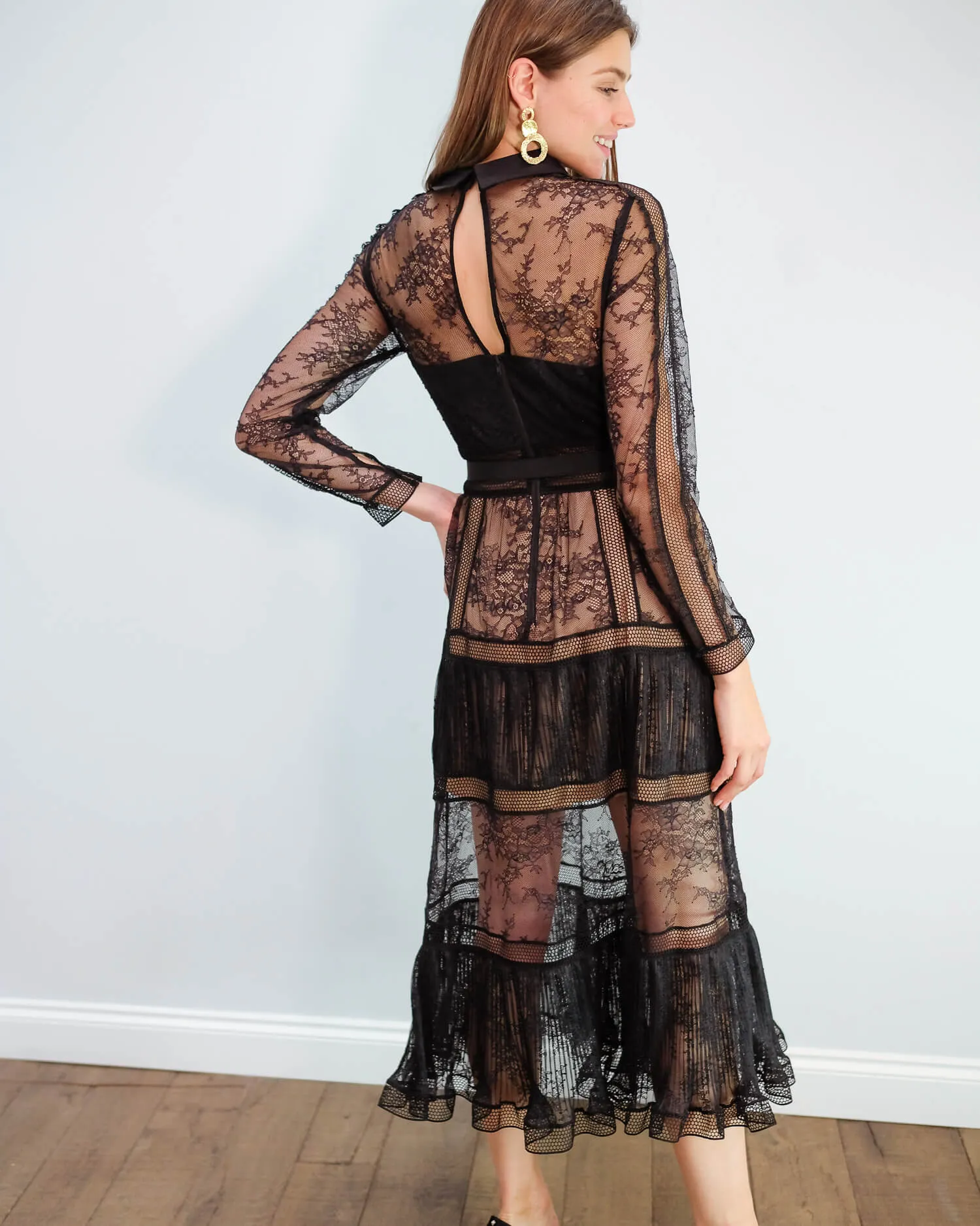 SP Fine lace trim midi dress in black