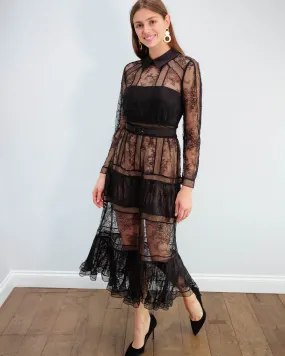 SP Fine lace trim midi dress in black
