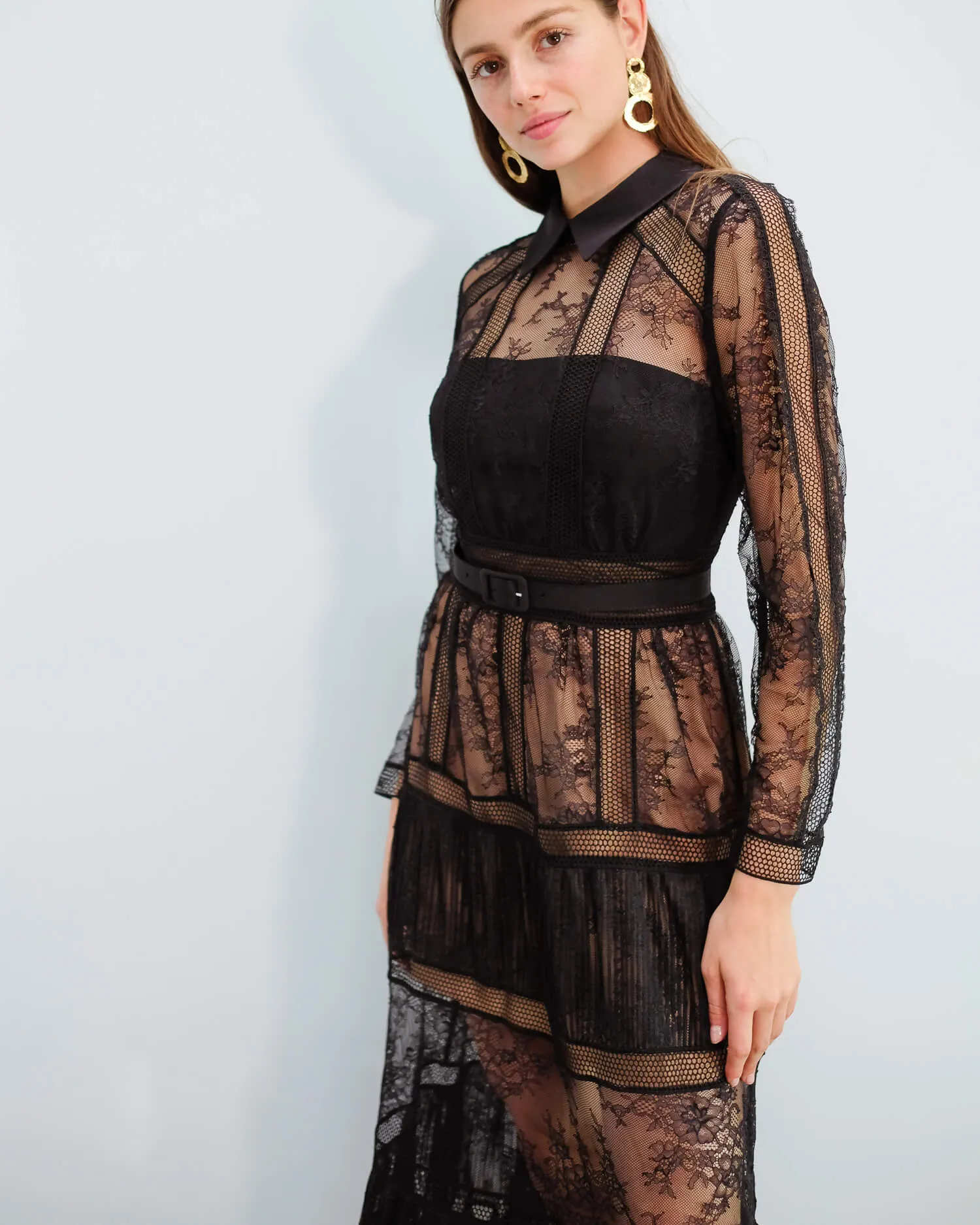 SP Fine lace trim midi dress in black
