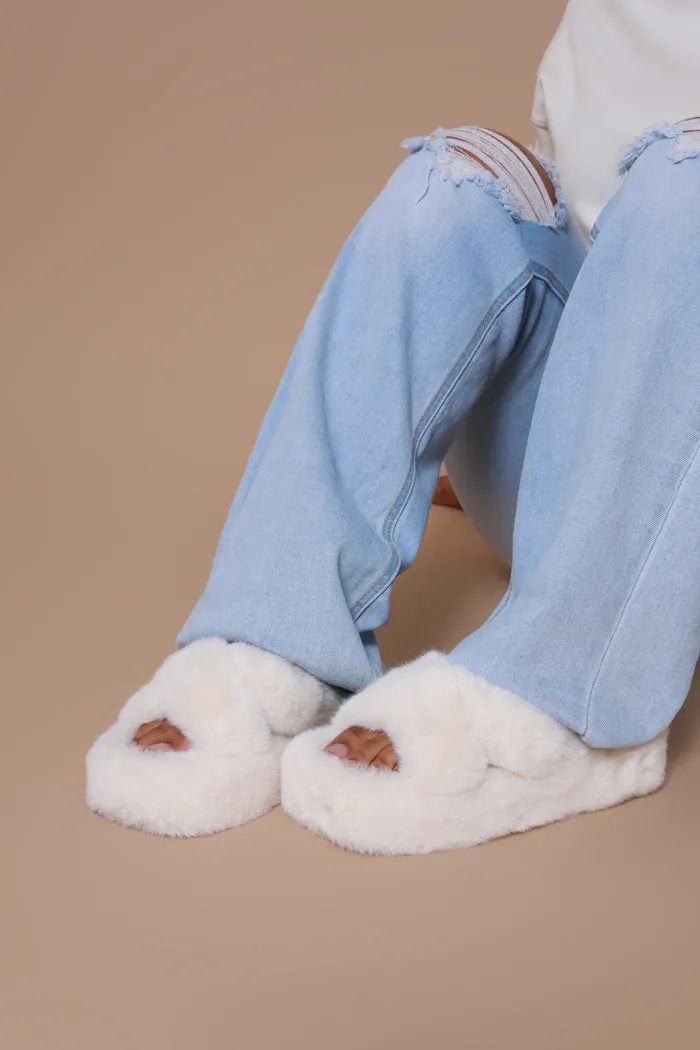 Ten Toes Down Furry Criss Cross Slippers - Ivory