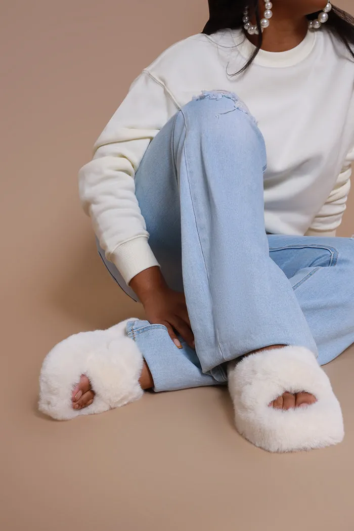 Ten Toes Down Furry Criss Cross Slippers - Ivory